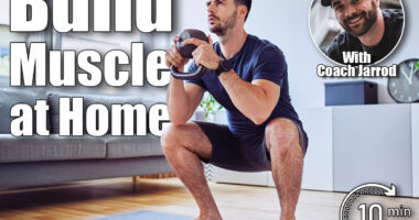 Training at home, young man doing squats with kettlebell weights. 10-Minute At-Home Strength Routine That Builds More Muscle Than the Gym After 50. Cover