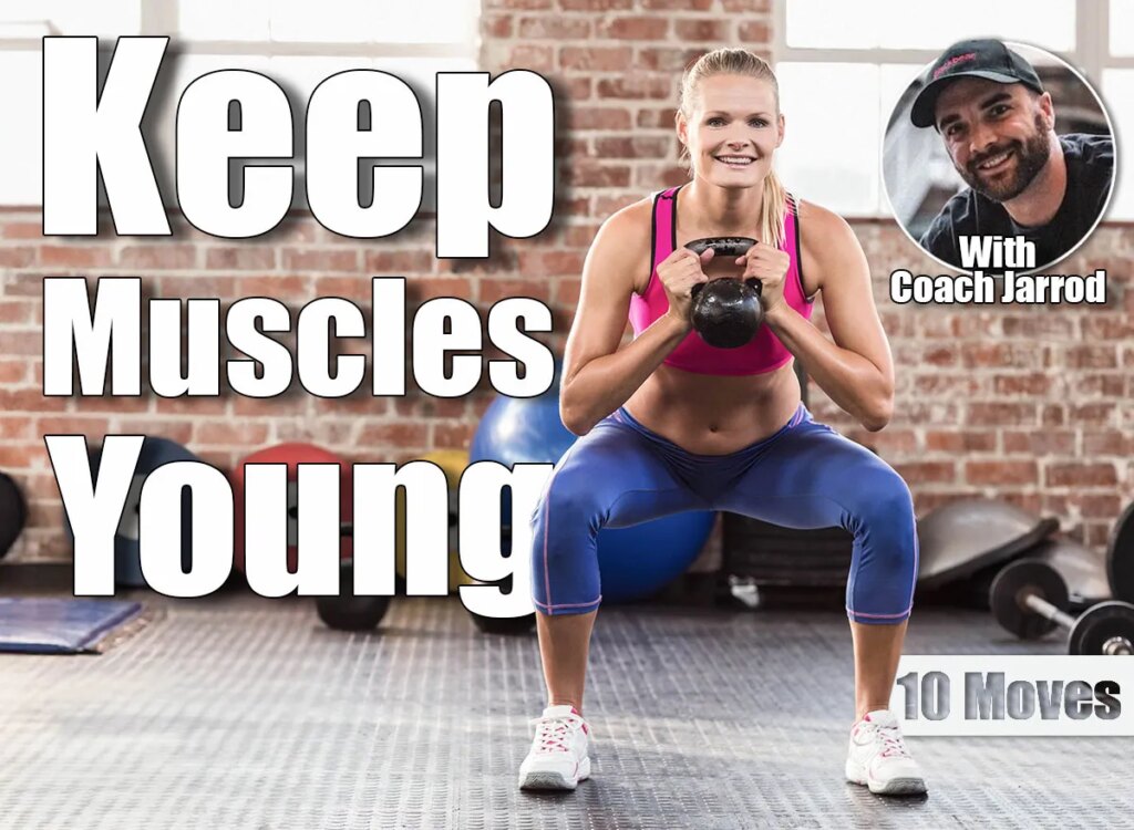 Woman holding kettlebell at chest while squatting in fitness studio with colored weight plates. Gym, fitness, strength, workout, training, exercise, wellness. The 10 Best Exercises To Slow Muscle Aging. Cover