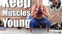 Woman holding kettlebell at chest while squatting in fitness studio with colored weight plates. Gym, fitness, strength, workout, training, exercise, wellness. The 10 Best Exercises To Slow Muscle Aging. Cover