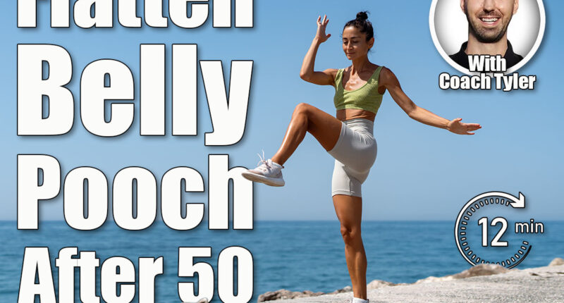 Fit Girl High Knee Exercise by the Sea. 12-Minute Standing Ab Routine That Shrinks Belly Pooch After 50. Cover