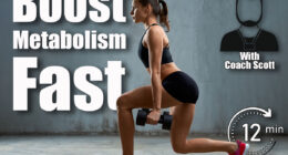 Side view of female bodybuilder training legs using dumbbells. Concentrated fit sportswoman with muscular body doing lunges in empty gym, loft interior. Concept of bodybuilding, healthy lifestyle. 12-Minute Standing Strength Routine That Recharges Your Metabolism After 50. Cover