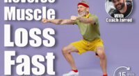 Full size body length fitness vivid elderly gray-haired bearded man 40s years old in headband khaki t-shirt look aside doing side squat isolated on plain pastel light purple background studio portrait. 15-Minute Bodyweight Strength Routine That Reverses Muscle Loss After 50. Cover