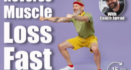 Full size body length fitness vivid elderly gray-haired bearded man 40s years old in headband khaki t-shirt look aside doing side squat isolated on plain pastel light purple background studio portrait. 15-Minute Bodyweight Strength Routine That Reverses Muscle Loss After 50. Cover