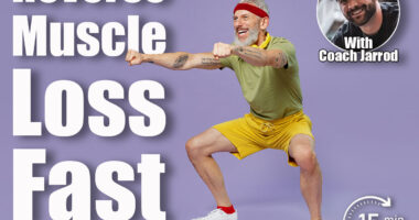 Full size body length fitness vivid elderly gray-haired bearded man 40s years old in headband khaki t-shirt look aside doing side squat isolated on plain pastel light purple background studio portrait. 15-Minute Bodyweight Strength Routine That Reverses Muscle Loss After 50. Cover