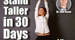 Young brunette woman in white shirt raises hands on dark background. 4 Classic Standing Exercises That Fix Your Posture in 30 Days After 40. Cover