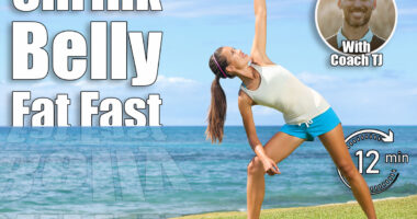 Fitness exercise woman using kettlebell in fitness strength training workout outside on grass by the ocean. Beautiful young fit instructor and fitness model. 4 Standing Core Exercises That Flatten Belly Faster Than Planks After 50. Cover