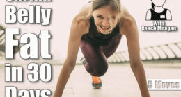 Smiling young woman wearing sportswear, looking at camera and doing mountain climber exercise. Front view. 5 Best Classic Exercises to Shrink Your Stomach in 30 Days After 40. Cover
