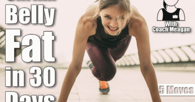 Smiling young woman wearing sportswear, looking at camera and doing mountain climber exercise. Front view. 5 Best Classic Exercises to Shrink Your Stomach in 30 Days After 40. Cover