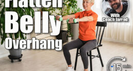 Smiling beautiful senior woman health instructor doing chair exercises with dumbbells, 5 Chair Exercises That Flatten Belly Overhang Faster Than Planks After 50. Cover