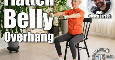 Smiling beautiful senior woman health instructor doing chair exercises with dumbbells, 5 Chair Exercises That Flatten Belly Overhang Faster Than Planks After 50. Cover