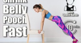 Young woman exercising with chair near white wall. Home fitness. 5 Chair Exercises That Trim Belly Pooch Better Than Ab Workouts After 45. Cover