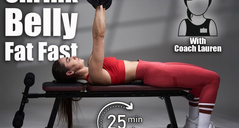 Athletic young fitness model woman in red gym outfit doing chest workout with dumbbells on incline bench. 5 Classic Exercises That Melt Belly Fat Faster Than Cardio After 50. Cover