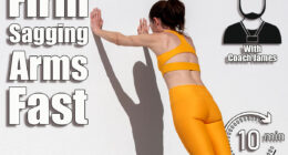 Sporty woman doing push off exercises against a wall, 5 Quick Exercises That Firm Sagging Arms Better Than Weights After 40. Cover