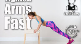 Young woman exercising with chair near white wall. Home fitness. 6 Bodyweight Exercises That Erase Bat Wings Better Than Tricep Dips After 50. Cover