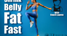 Female Athlete Jumping Exercising During Training Over Blue Studio Background, Looking Aside. Fitness Workout And Sport Motivation Concept. Full Length, Side View. 6 Standing Exercises That Trim Belly Overhang Better Than Sit-Ups After 45. Cover
