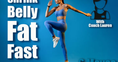 Female Athlete Jumping Exercising During Training Over Blue Studio Background, Looking Aside. Fitness Workout And Sport Motivation Concept. Full Length, Side View. 6 Standing Exercises That Trim Belly Overhang Better Than Sit-Ups After 45. Cover