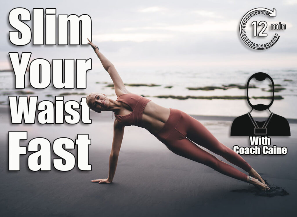 Blonde woman performs side plank yoga pose barefoot on volcanic beach during sunset, smartphone nearby, reflecting strength, control and balance enhanced through personal digital practice. 6 Standing Moves That Eliminate Love Handles Faster Than Gym Machines After 50. Cover