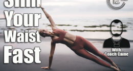 Blonde woman performs side plank yoga pose barefoot on volcanic beach during sunset, smartphone nearby, reflecting strength, control and balance enhanced through personal digital practice. 6 Standing Moves That Eliminate Love Handles Faster Than Gym Machines After 50. Cover