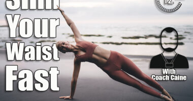 Blonde woman performs side plank yoga pose barefoot on volcanic beach during sunset, smartphone nearby, reflecting strength, control and balance enhanced through personal digital practice. 6 Standing Moves That Eliminate Love Handles Faster Than Gym Machines After 50. Cover