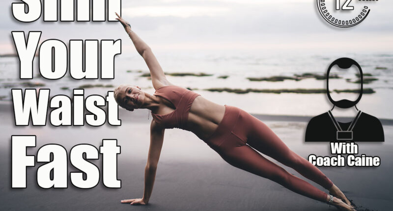Blonde woman performs side plank yoga pose barefoot on volcanic beach during sunset, smartphone nearby, reflecting strength, control and balance enhanced through personal digital practice. 6 Standing Moves That Eliminate Love Handles Faster Than Gym Machines After 50. Cover