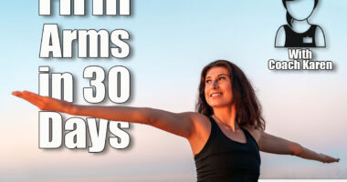 Smiling sportswoman practicing yoga on the beach at sunset, arms outstretched and embracing the serene beauty of the ocean. 7 Quick Moves That Smooth Arm Jiggle in 30 Days After 50 (No Weights). Cover
