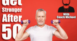 Portrait Of A Senior Man Exercising with dumbbells against red Background. 7 Standing Exercises Men Over 50 Should Do Daily To Stay Strong, Lean & Fit. Cover