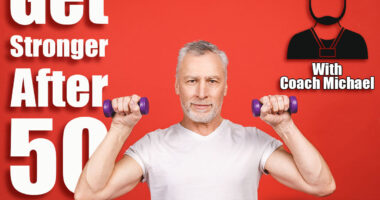 Portrait Of A Senior Man Exercising with dumbbells against red Background. 7 Standing Exercises Men Over 50 Should Do Daily To Stay Strong, Lean & Fit. Cover