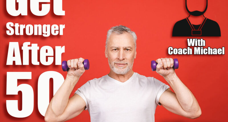 Portrait Of A Senior Man Exercising with dumbbells against red Background. 7 Standing Exercises Men Over 50 Should Do Daily To Stay Strong, Lean & Fit. Cover