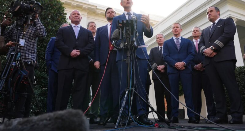 Transportation Secretary Sean Duffy speaks to the media alongside Sean O