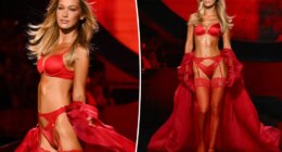 Bella Hadid brings the heat in devilish red thigh-high stockings on the 2025 Victoria’s Secret runway