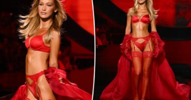 Bella Hadid brings the heat in devilish red thigh-high stockings on the 2025 Victoria’s Secret runway
