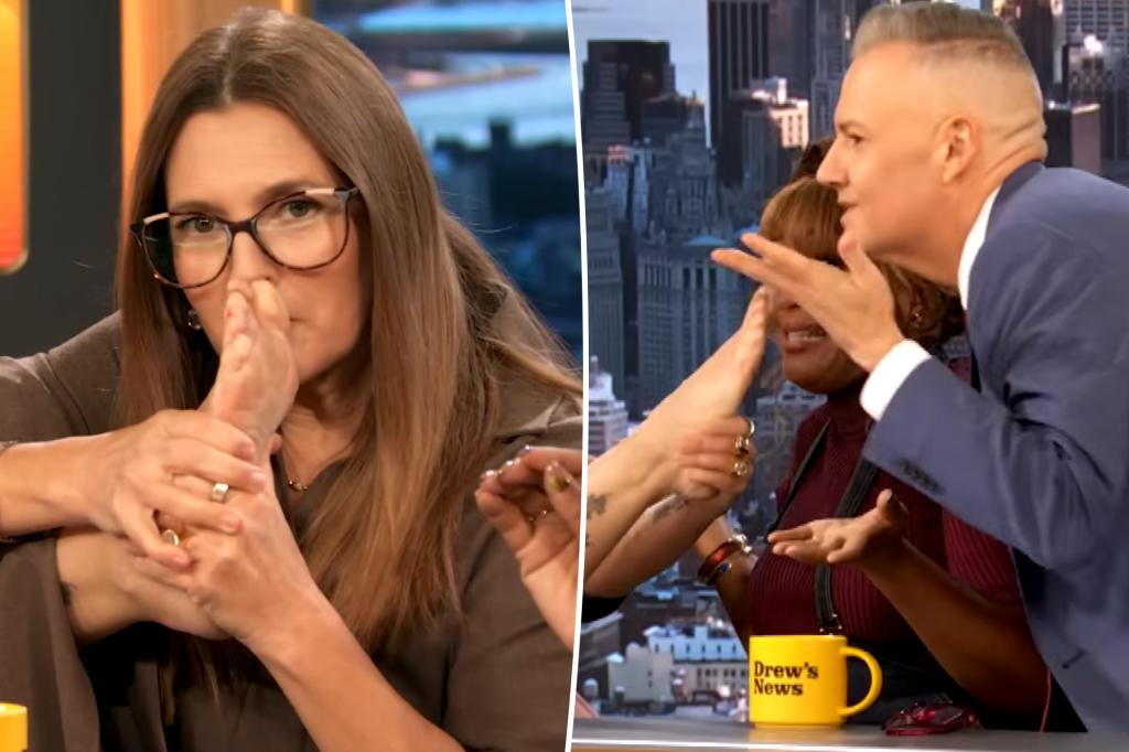 Drew Barrymore smells her ‘dirty’ feet live on TV, shoves them in co-hosts’ faces