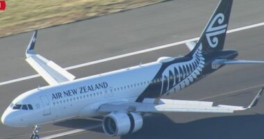 An Air New Zealand plane driving along the runway of Sydney Airport.