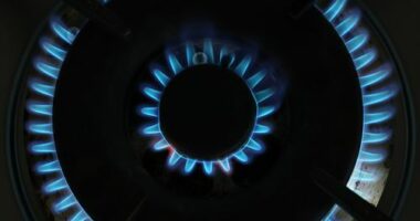 A gas flame burns on a gas stove top on August 19, 2022.