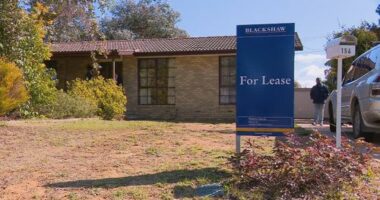 A blue "For Lease" sign out front of a brick house.