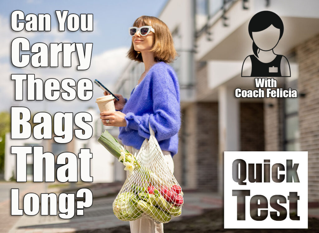 Woman using phone while standing with mesh bag full of fresh vegetables and reusable coffee cup on porch of her house. Concept of sustainability, healthy food and modern eco-friendly lifestyle. If You Can Carry These Shopping Bags This Long After 55, Your Real-World Strength Is Elite. Cover
