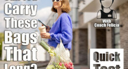 Woman using phone while standing with mesh bag full of fresh vegetables and reusable coffee cup on porch of her house. Concept of sustainability, healthy food and modern eco-friendly lifestyle. If You Can Carry These Shopping Bags This Long After 55, Your Real-World Strength Is Elite. Cover