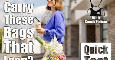 Woman using phone while standing with mesh bag full of fresh vegetables and reusable coffee cup on porch of her house. Concept of sustainability, healthy food and modern eco-friendly lifestyle. If You Can Carry These Shopping Bags This Long After 55, Your Real-World Strength Is Elite. Cover