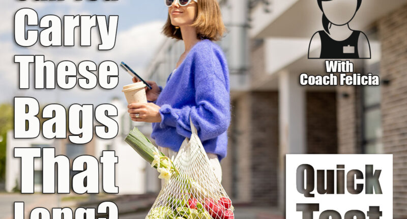 Woman using phone while standing with mesh bag full of fresh vegetables and reusable coffee cup on porch of her house. Concept of sustainability, healthy food and modern eco-friendly lifestyle. If You Can Carry These Shopping Bags This Long After 55, Your Real-World Strength Is Elite. Cover