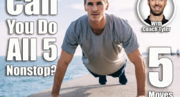 Caucasian male athlete in sportive clothing doing push up exercising during morning workout at sea embankment, strong active man keeping wellness and healthy vitality training body at coastline. If You Can Complete These 5 Bodyweight Exercises Without Stopping, Your Fitness Is Top-Tier After 50. Cover