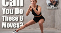 The girl coach performs a side lunge. Tanned sports girl in a black suit is training in a yoga class in a fitness studio, white room, morning workout, warm-up. If You Can Do These 8 Simple Bodyweight Moves, Your Fitness Age Is 20 Years Younger. Cover