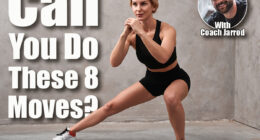 The girl coach performs a side lunge. Tanned sports girl in a black suit is training in a yoga class in a fitness studio, white room, morning workout, warm-up. If You Can Do These 8 Simple Bodyweight Moves, Your Fitness Age Is 20 Years Younger. Cover