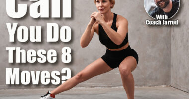 The girl coach performs a side lunge. Tanned sports girl in a black suit is training in a yoga class in a fitness studio, white room, morning workout, warm-up. If You Can Do These 8 Simple Bodyweight Moves, Your Fitness Age Is 20 Years Younger. Cover