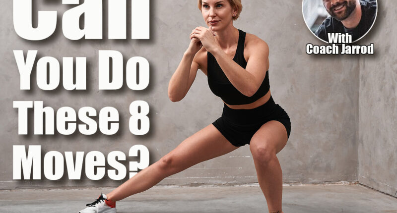 The girl coach performs a side lunge. Tanned sports girl in a black suit is training in a yoga class in a fitness studio, white room, morning workout, warm-up. If You Can Do These 8 Simple Bodyweight Moves, Your Fitness Age Is 20 Years Younger. Cover