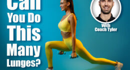 Sporty Female Doing Deep Lunge Exercise Holding Dumbbells Stretching Legs Training Over Blue Studio Background. Fitness And Muscles Flexing, Bodybuilding Workout. If You Can Do This Many Lunges After 50, Your Lower Body Strength Is Elite. Cover