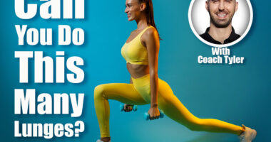 Sporty Female Doing Deep Lunge Exercise Holding Dumbbells Stretching Legs Training Over Blue Studio Background. Fitness And Muscles Flexing, Bodybuilding Workout. If You Can Do This Many Lunges After 50, Your Lower Body Strength Is Elite. Cover