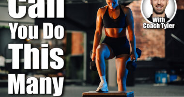 Young sportswoman lifting dumbbells while stepping up on a box at the gym. She is focused on her workout and determined to achieve her fitness goals. If You Can Do This Many Step-Ups in 60 Seconds After 50, Your Cardio Is Top-Tier. Cover