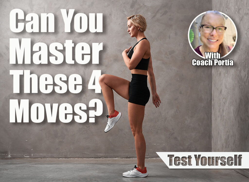Female trainer standing performs the exercise of the concept of the leg bent at the knee. A girl in black shorts and top performs athletic exercises, drawing attention to the sport. If You Can Master These 4 Moves After 50, You