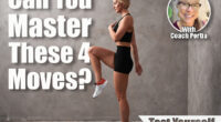 Female trainer standing performs the exercise of the concept of the leg bent at the knee. A girl in black shorts and top performs athletic exercises, drawing attention to the sport. If You Can Master These 4 Moves After 50, You
