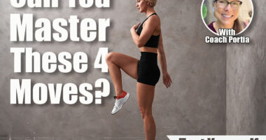 Female trainer standing performs the exercise of the concept of the leg bent at the knee. A girl in black shorts and top performs athletic exercises, drawing attention to the sport. If You Can Master These 4 Moves After 50, You